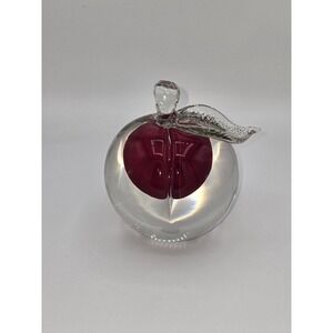 Murano for Oggetti Signed Art Glass Apple Paperweight Cranberry Red Clear Leaf
